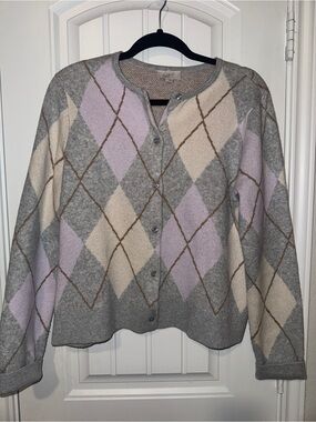 Loft Gray & Lavender Argyle Cardigan Sweater